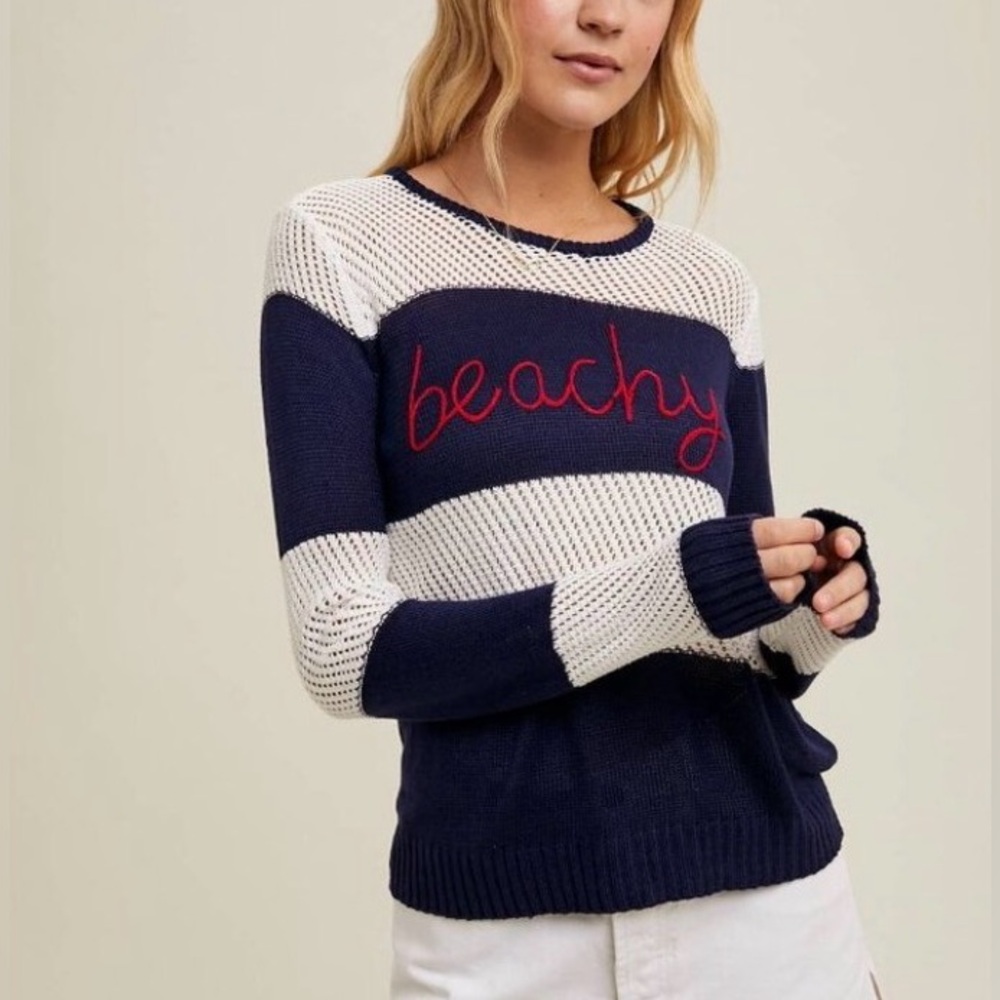 NWT WISHLIST Beachy Embroidered Navy Off White Striped Sheer Top Top Size Small